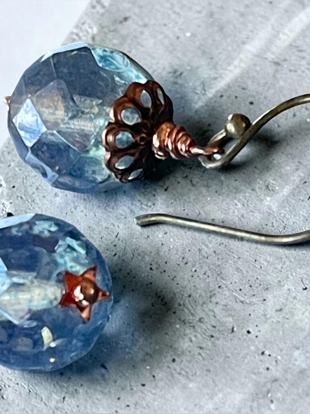Blue Faceted and Czech Crystal Bead Dangle Earrings Copper Tone